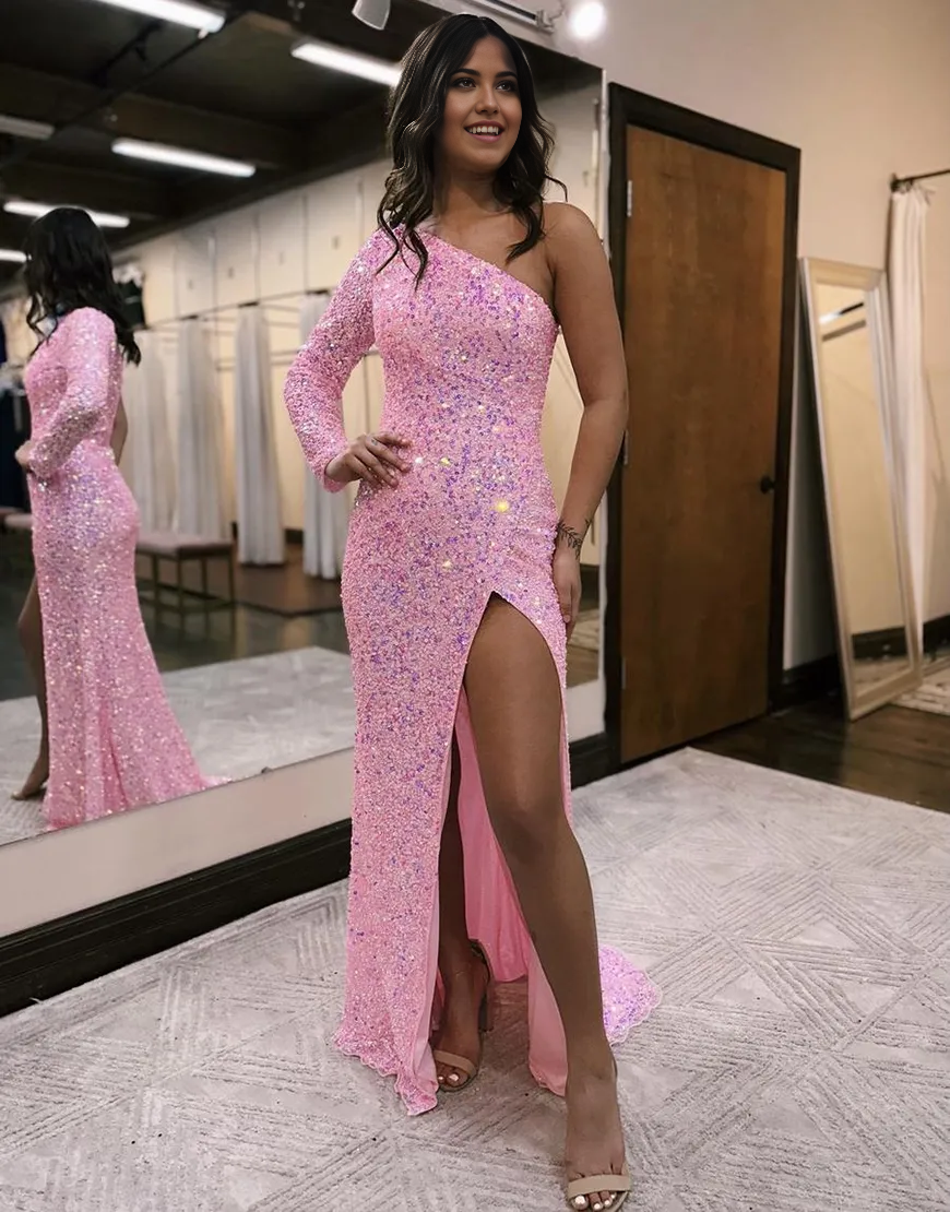 Sheath Sparkly One-Shoulder Long Sleeve Sequins formal dresses Bridesmaid Dresses evening gown Prom Dress With Side Slits