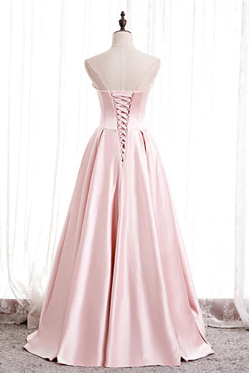 A-line Strapless Satin Lace-Up Pearl Beaded Formal Dress with Slit