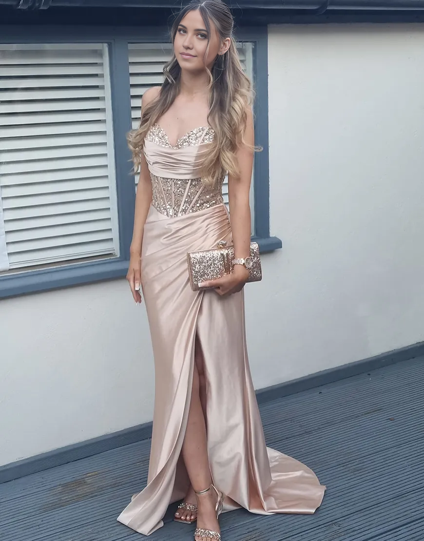 Mermaid Sparkly Spaghetti Straps Corset Sequined Satin Long formal dresses evening gown Prom Dress with Slit