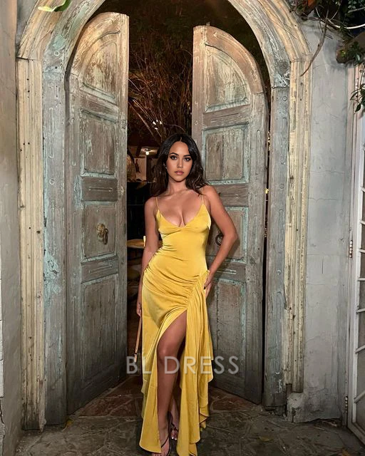 Sheath Spaghetti Straps V Neck Sexy formal dresses Bridesmaid Dresses evening gown Prom Dress With Split