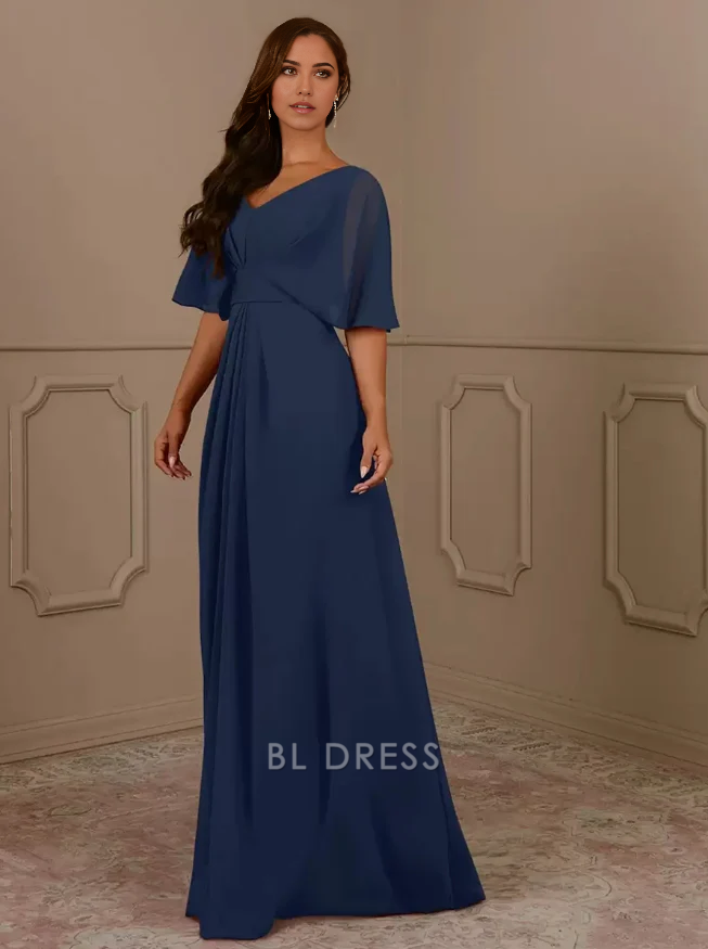 A-Line V-Neck Short Sleeves Chiffon Pleated Wedding Guest Dresses Mother of the Bride Dresse