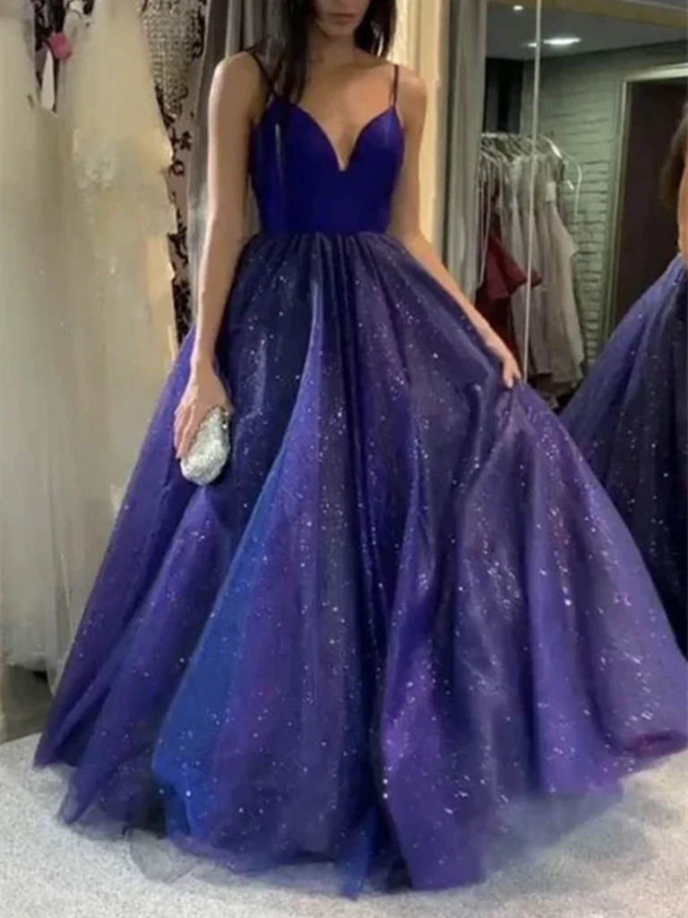 A Line V Neck Tulle Long Prom Dress