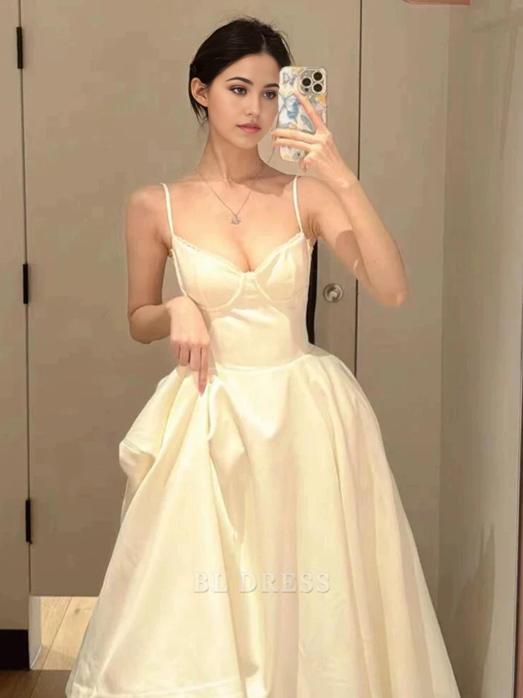 A-line Spaghetti Straps Satin Ankle Length White formal dresses Bridesmaid Dresses evening gown Prom Dress