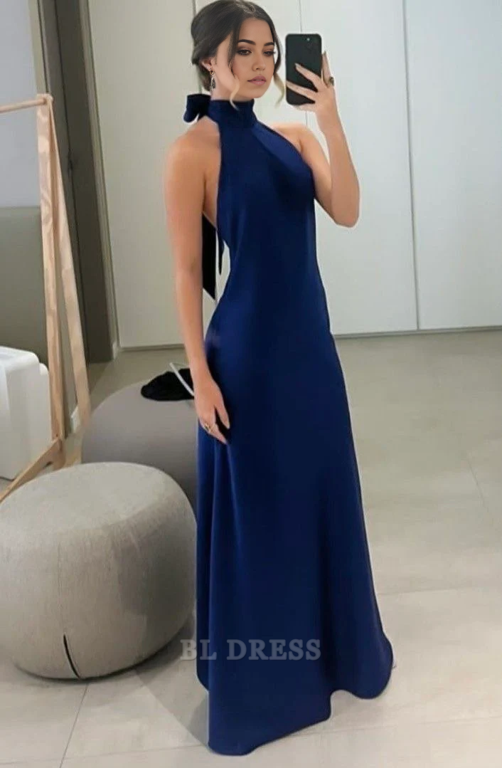 A line High Neckline Satin Navy Blue Long formal dresses Bridesmaid Dresses evening gown Prom Dress