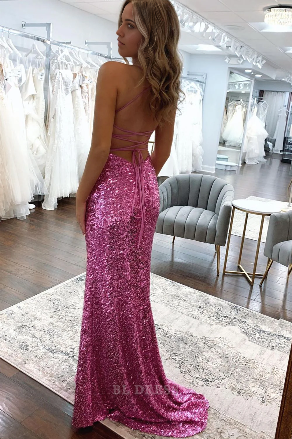Mermaid Spaghetti Straps Sparkly Sequin Long formal dresses Bridesmaid Dresses evening gown Prom Dress With Split