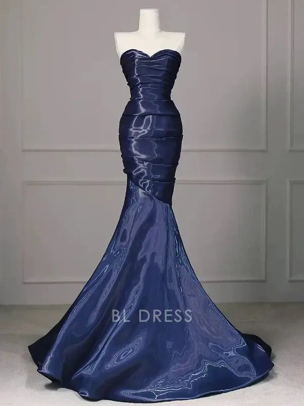 Mermaid Strapless Pleated Nevy Blue Long formal dresses Bridesmaid Dresses evening gown Prom Dress
