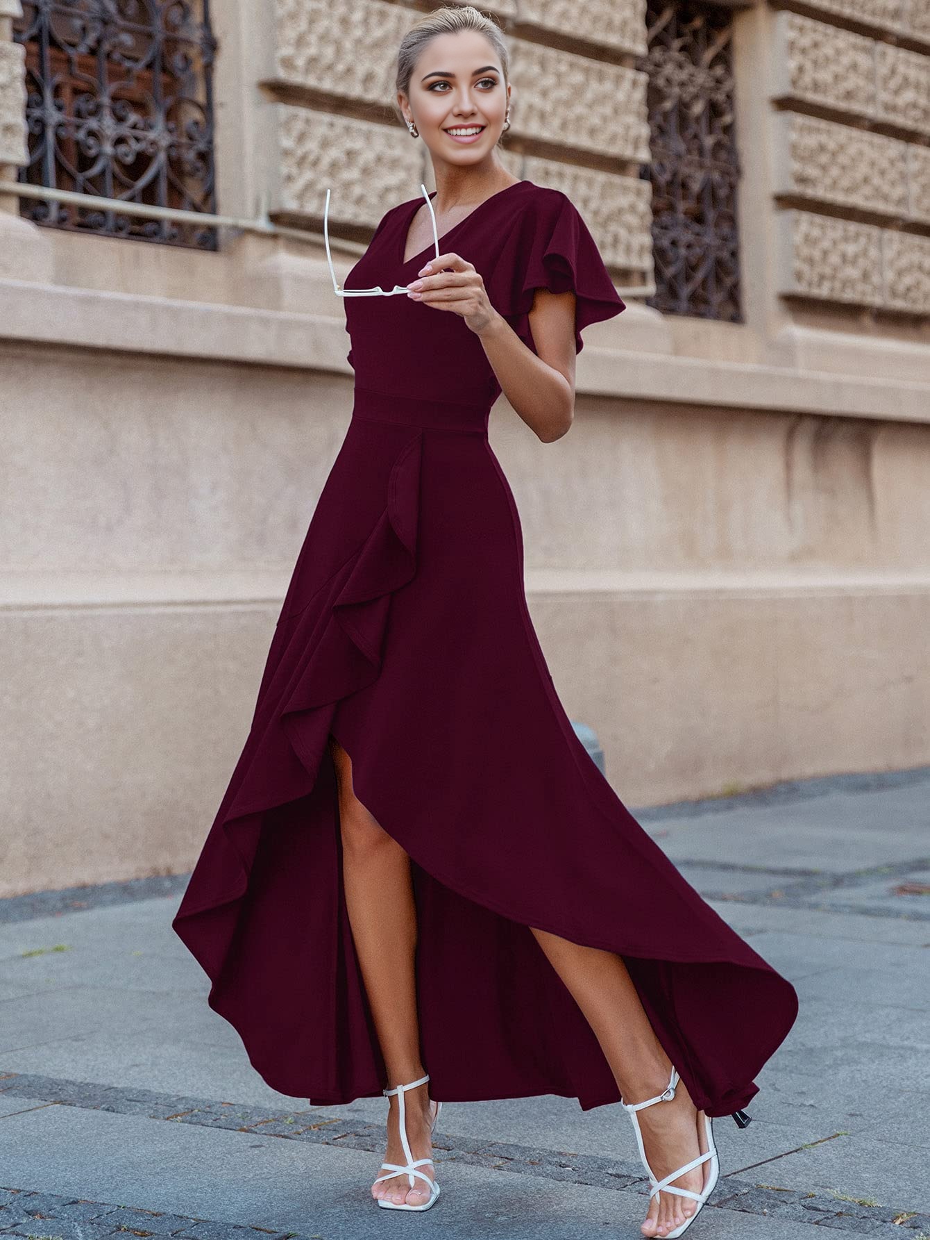 A-Linie V-Ausschnitt Rüschen Split Abendkleider Brautjungfernkleider Abendkleid Ballkleid 