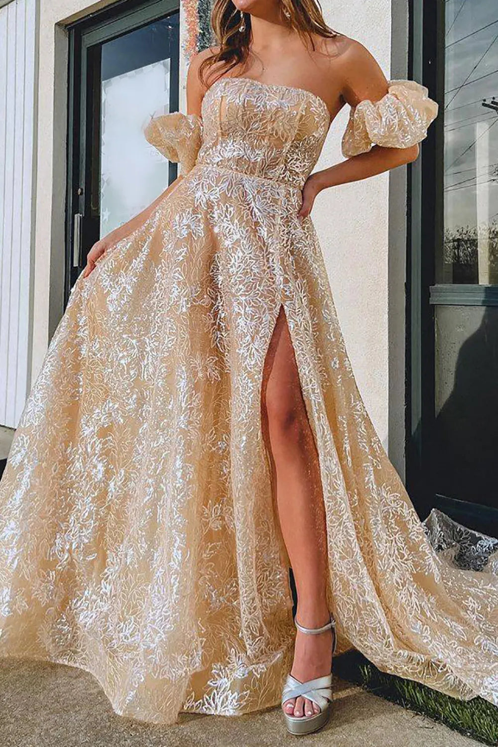 A Line Strapless Long Prom Dress with Split Front