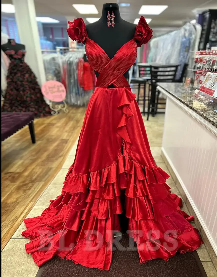 A-Line V-Neck Cutout Waist Long Ruffled formal dresses Bridesmaid Dresses evening gown Prom Dress With Split