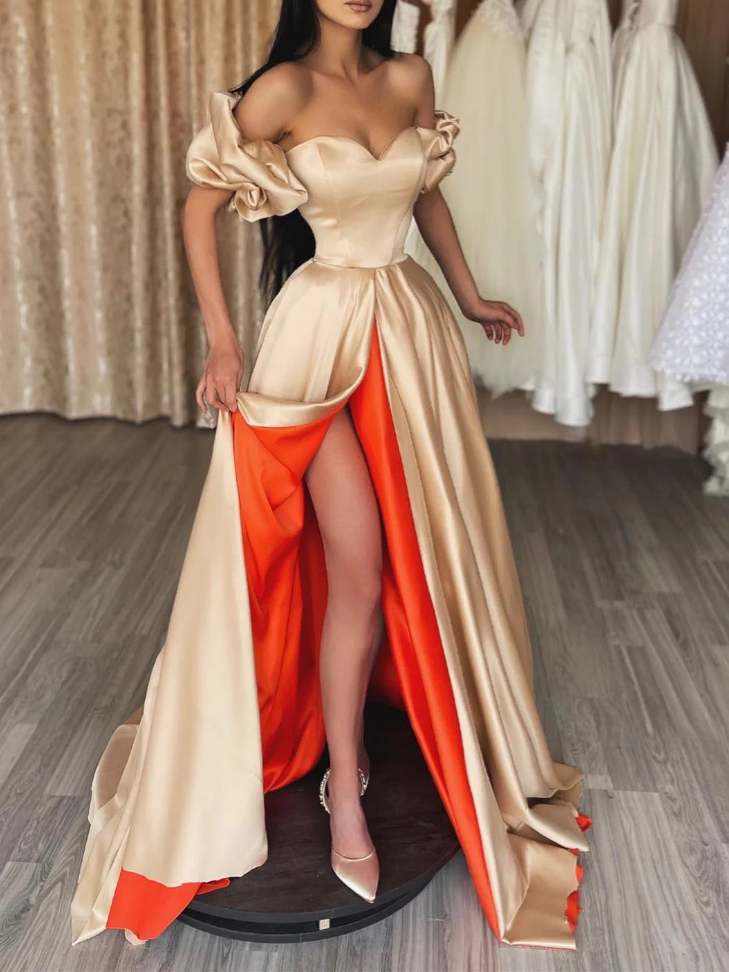 A-Line Off The Shoulder Floor Length Prom Dresses