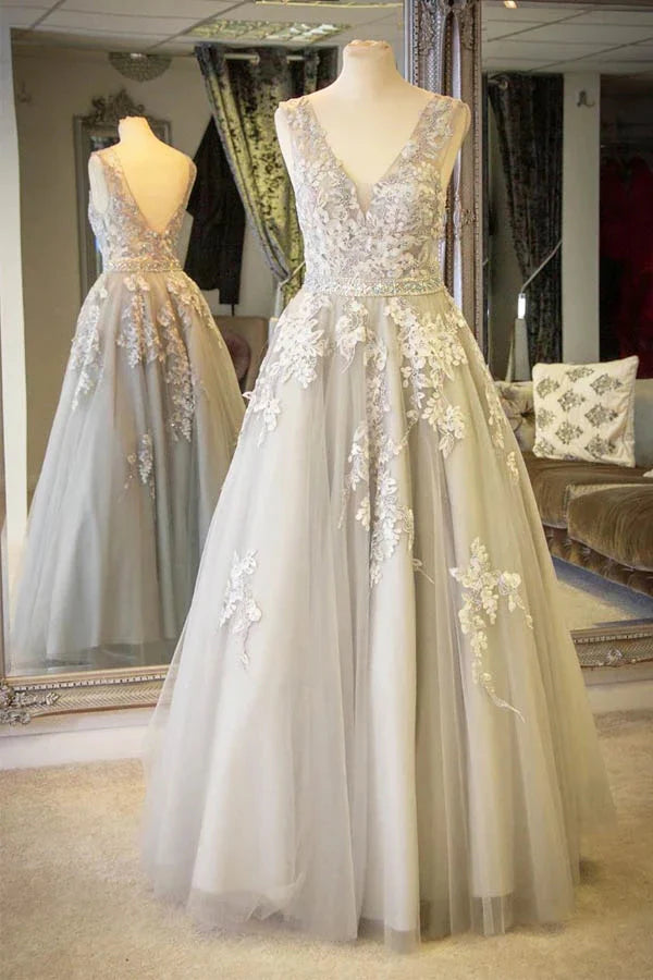 A-line V-neck Lace Appliques Long Prom Dress With Crystals