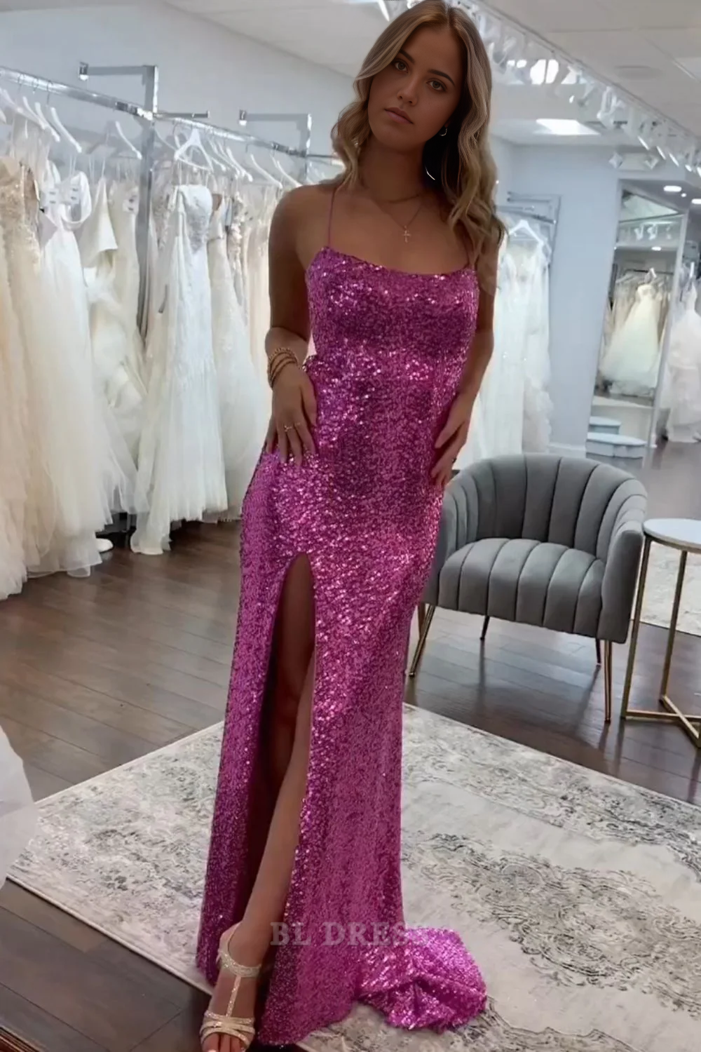 Mermaid Spaghetti Straps Sparkly Sequin Long formal dresses Bridesmaid Dresses evening gown Prom Dress With Split