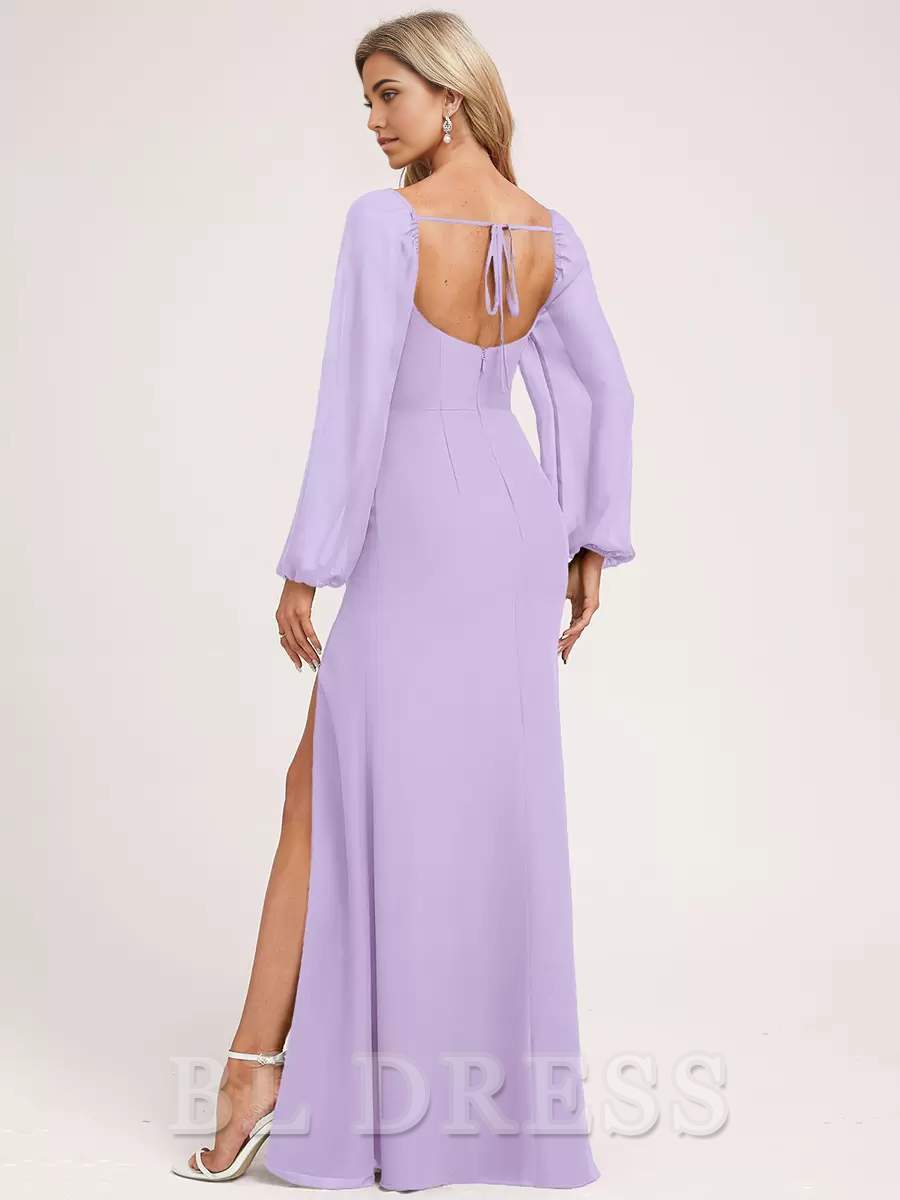 A-line Long Sleeve Chiffon Ball Gown Floor-Length formal dresses evening gown Prom Dress