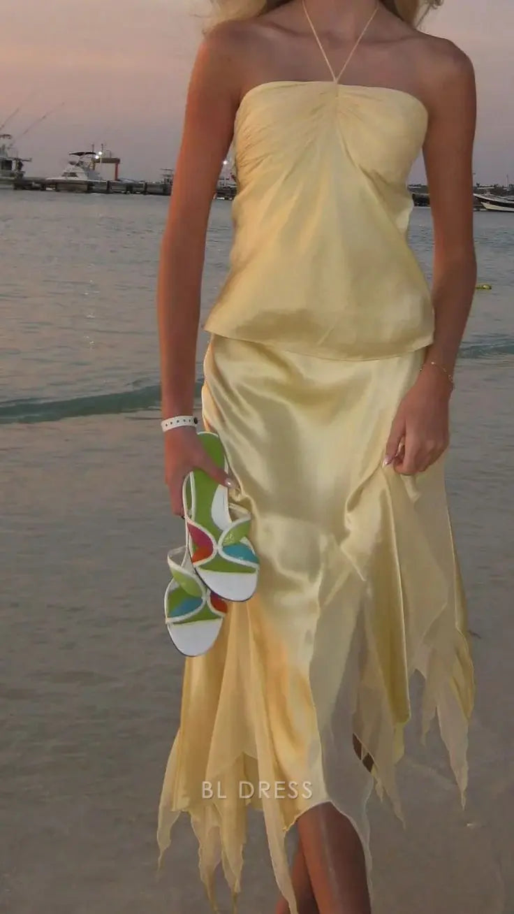 Two Piece Elegant Yellow formal dresses Bridesmaid Dresses evening gown Prom Dress