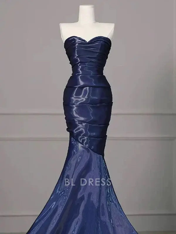 Mermaid Strapless Pleated Nevy Blue Long formal dresses Bridesmaid Dresses evening gown Prom Dress