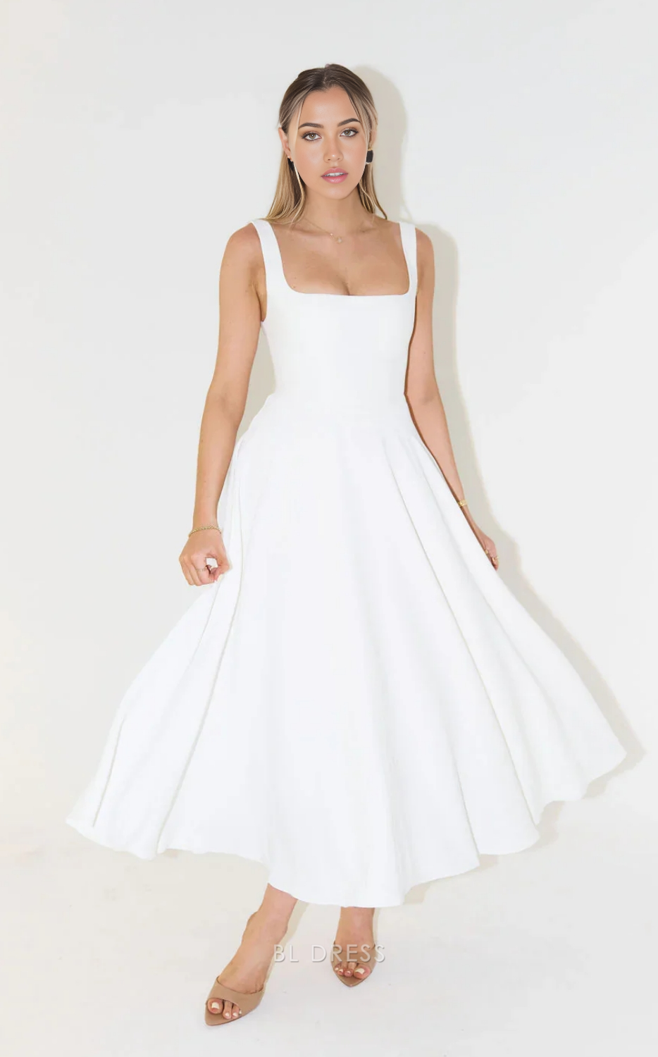 A Line Elegant Square Neck Ankle Length White formal dresses Bridesmaid Dresses evening gown Prom Dress