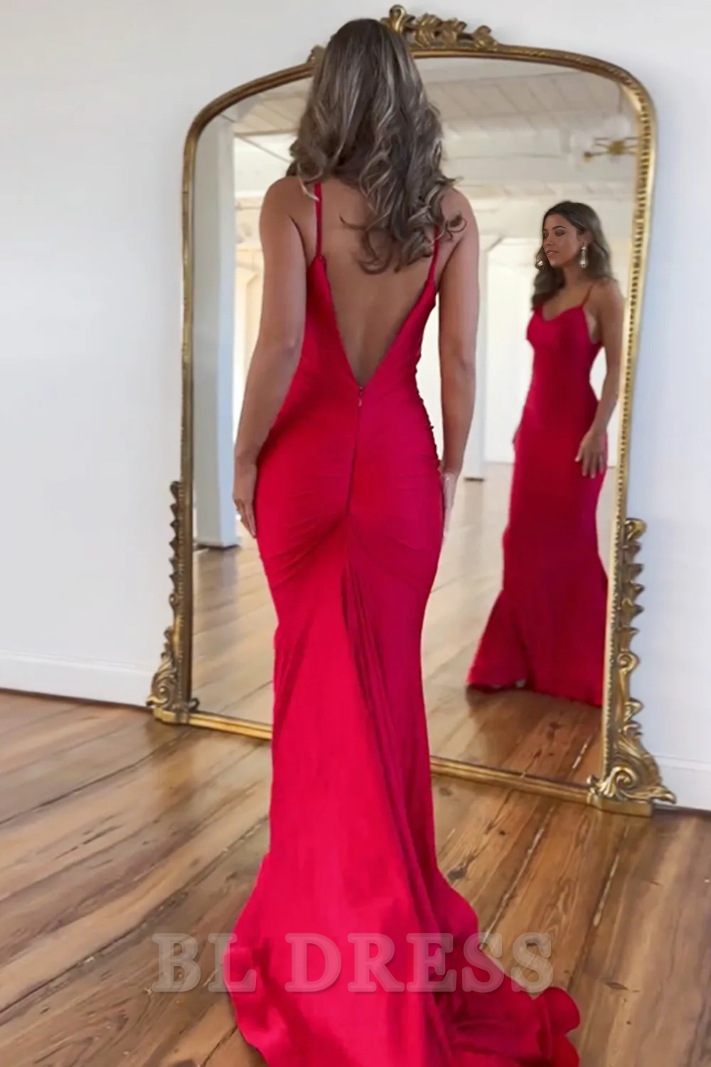 Mermaid Simple Spaghetti Straps Backless Red Long Satin formal dresses evening gown Prom Dress