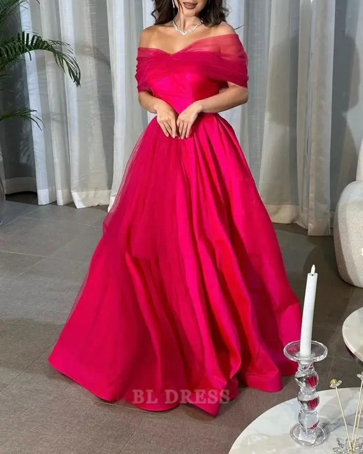 A-Line Off the Shoulder Hot Pink formal dresses Bridesmaid Dresses evening gown Prom Dress