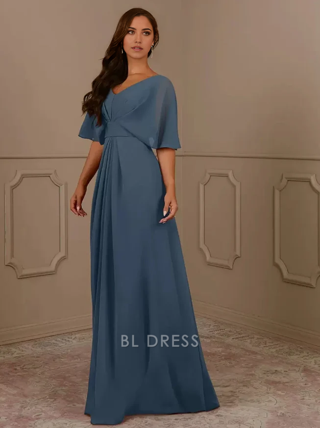 A-Line V-Neck Short Sleeves Chiffon Pleated Wedding Guest Dresses Mother of the Bride Dresse