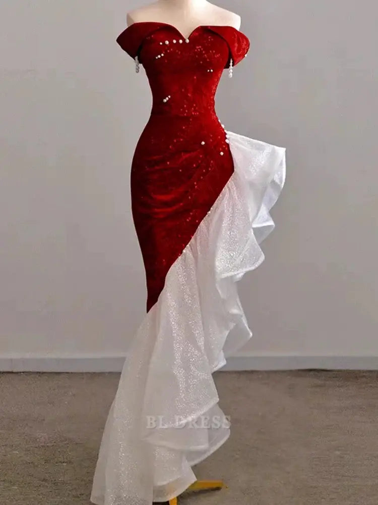 Sheath Off The Shoulder Sequin Red formal dresses Bridesmaid Dresses evening gown Prom Dress