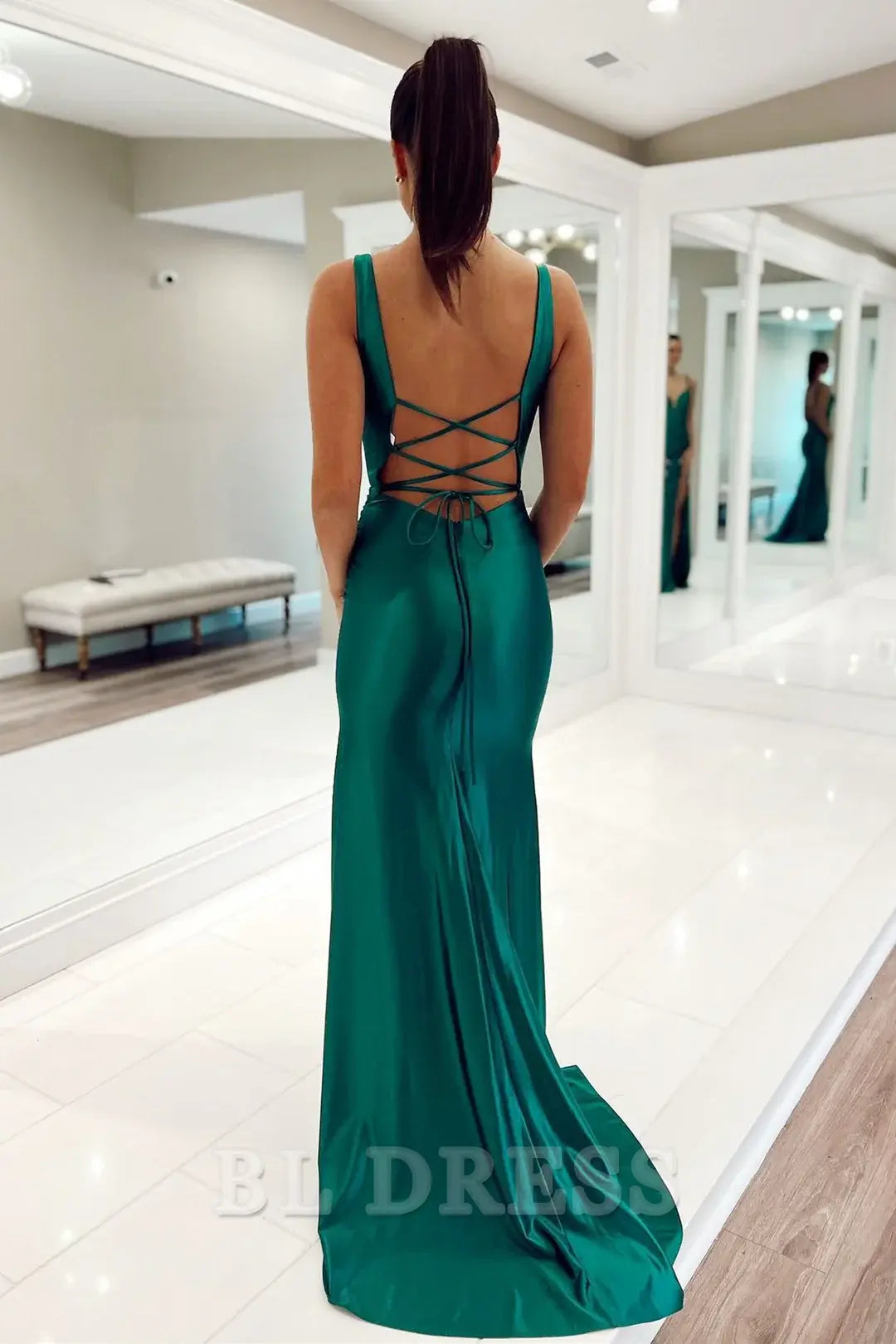 Mermaid Elegant Plunge V Lace-Up Teal Long formal dresses Bridesmaid Dresses evening gown Prom Dress