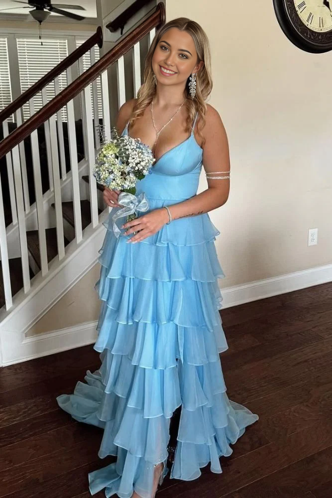 A Line Spaghetti Straps Ruffle Light Blue Long formal dresses Bridesmaid Dresses evening gown Prom Dress