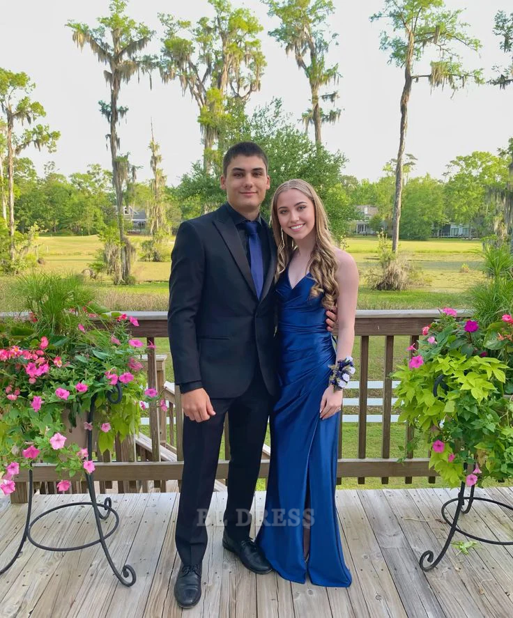 Mermaid V Neck Blue formal dresses Bridesmaid Dresses evening gown Prom Dress With Split