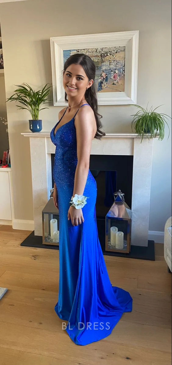 Mermaid V-Neck Spaghetti Straps Royal Blue Long formal dresses Bridesmaid Dresses evening gown Prom Dress