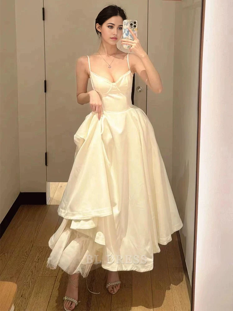 A-line Spaghetti Straps Satin Ankle Length White formal dresses Bridesmaid Dresses evening gown Prom Dress