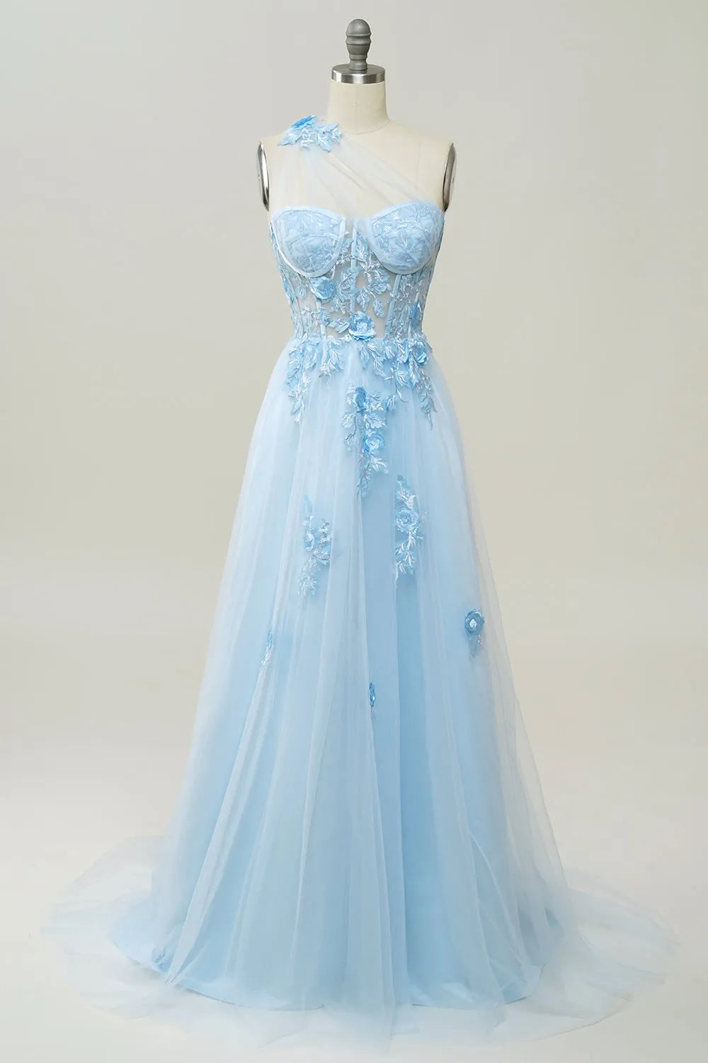 A Line One Shoulder Long Prom Dress with Appliques
