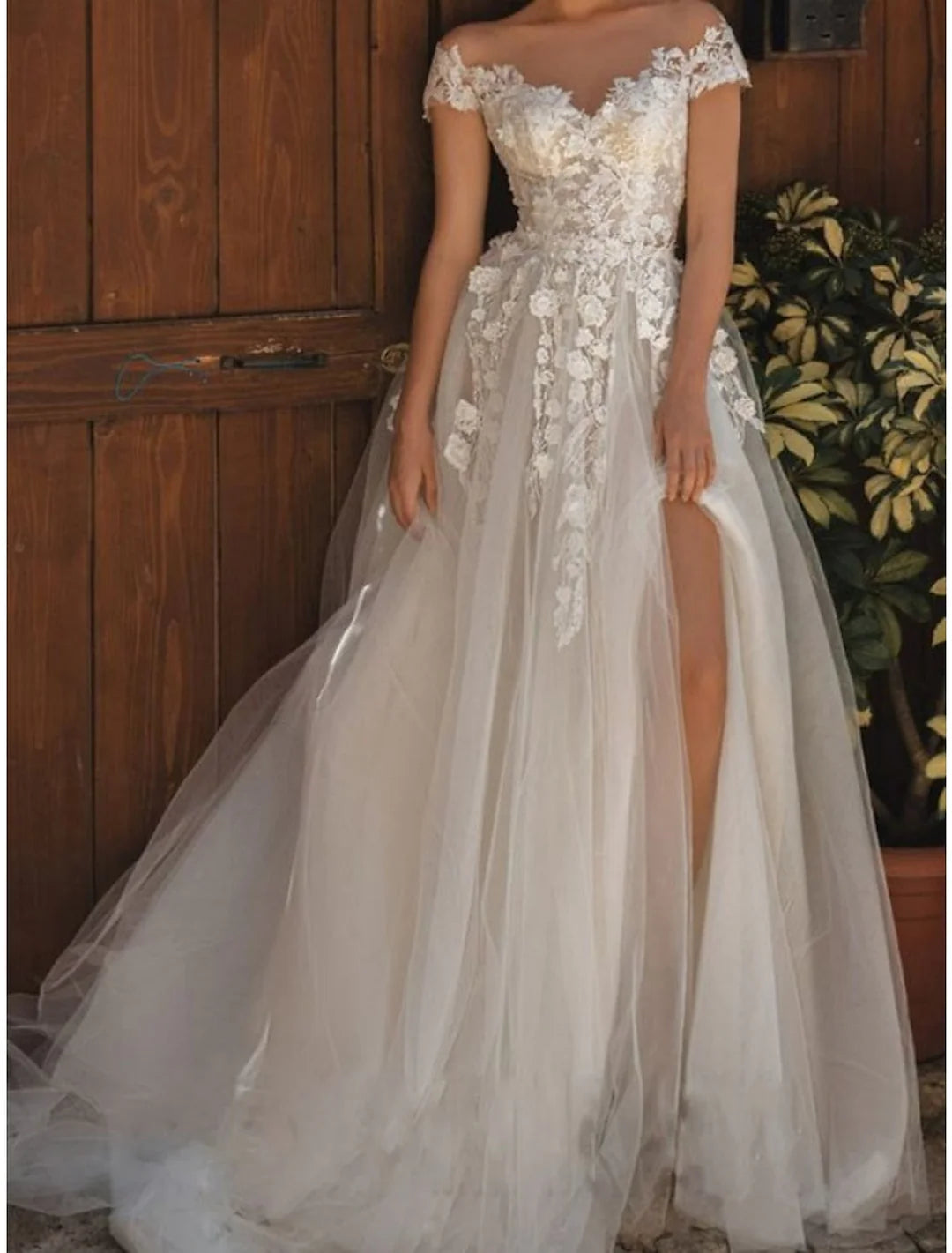 A-Line Off-The-Shoulder Floor-Length Lace Wedding Dress