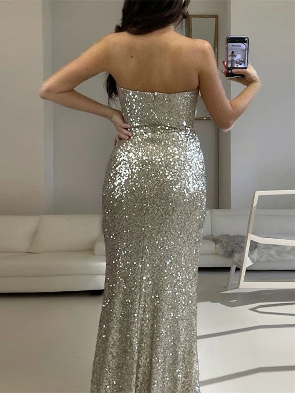 Mermaid Sequins Strapless Sleeveless Floor Length Long Prom Dresses