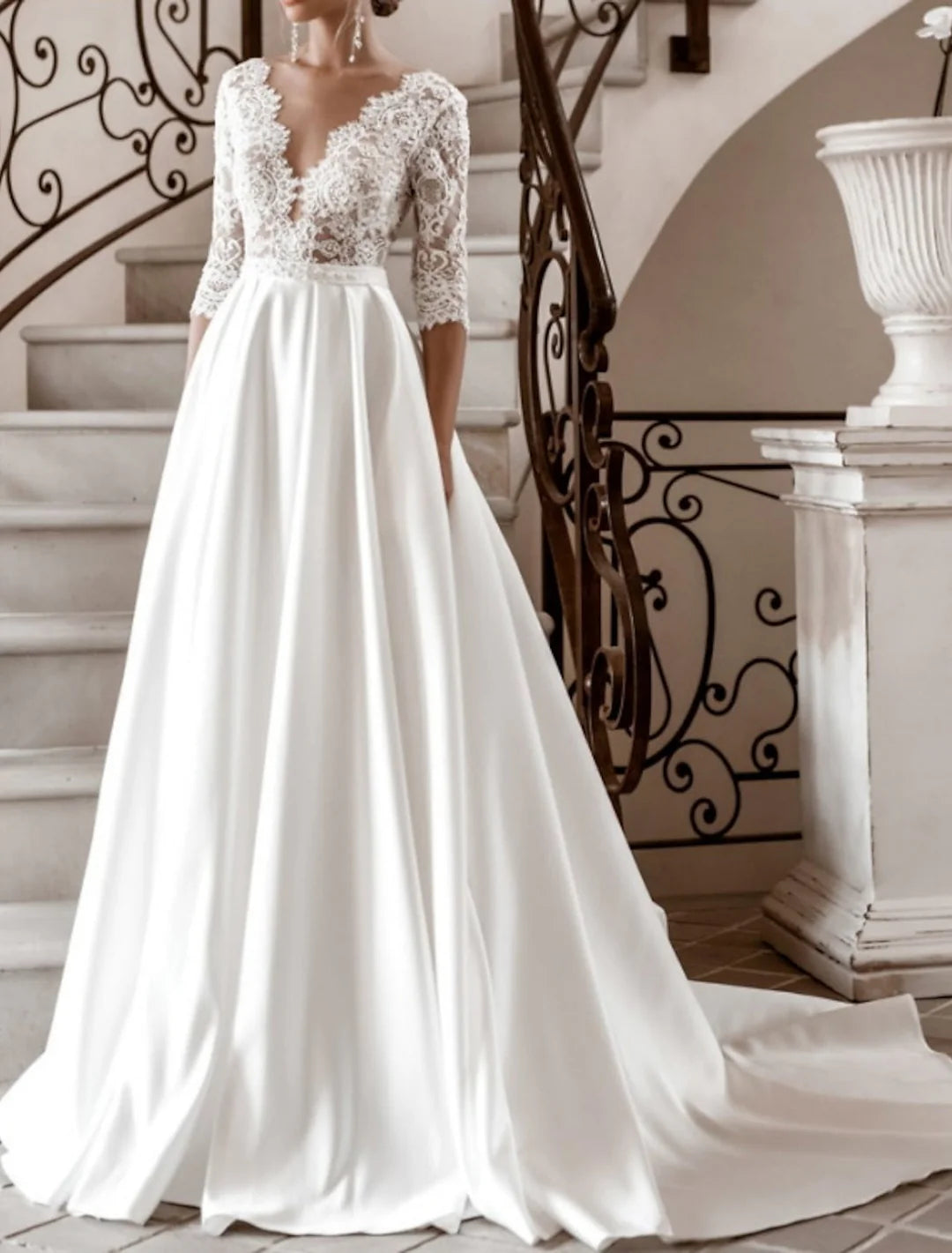 A-Line V-Neck Floor-Length Lace Wedding Dress