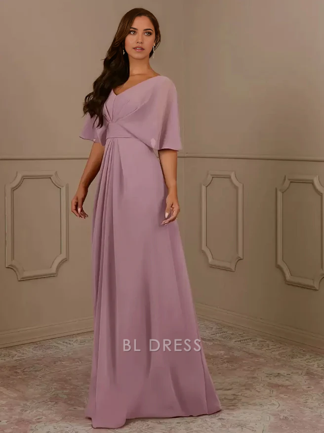 A-Line V-Neck Short Sleeves Chiffon Pleated Wedding Guest Dresses Mother of the Bride Dresse