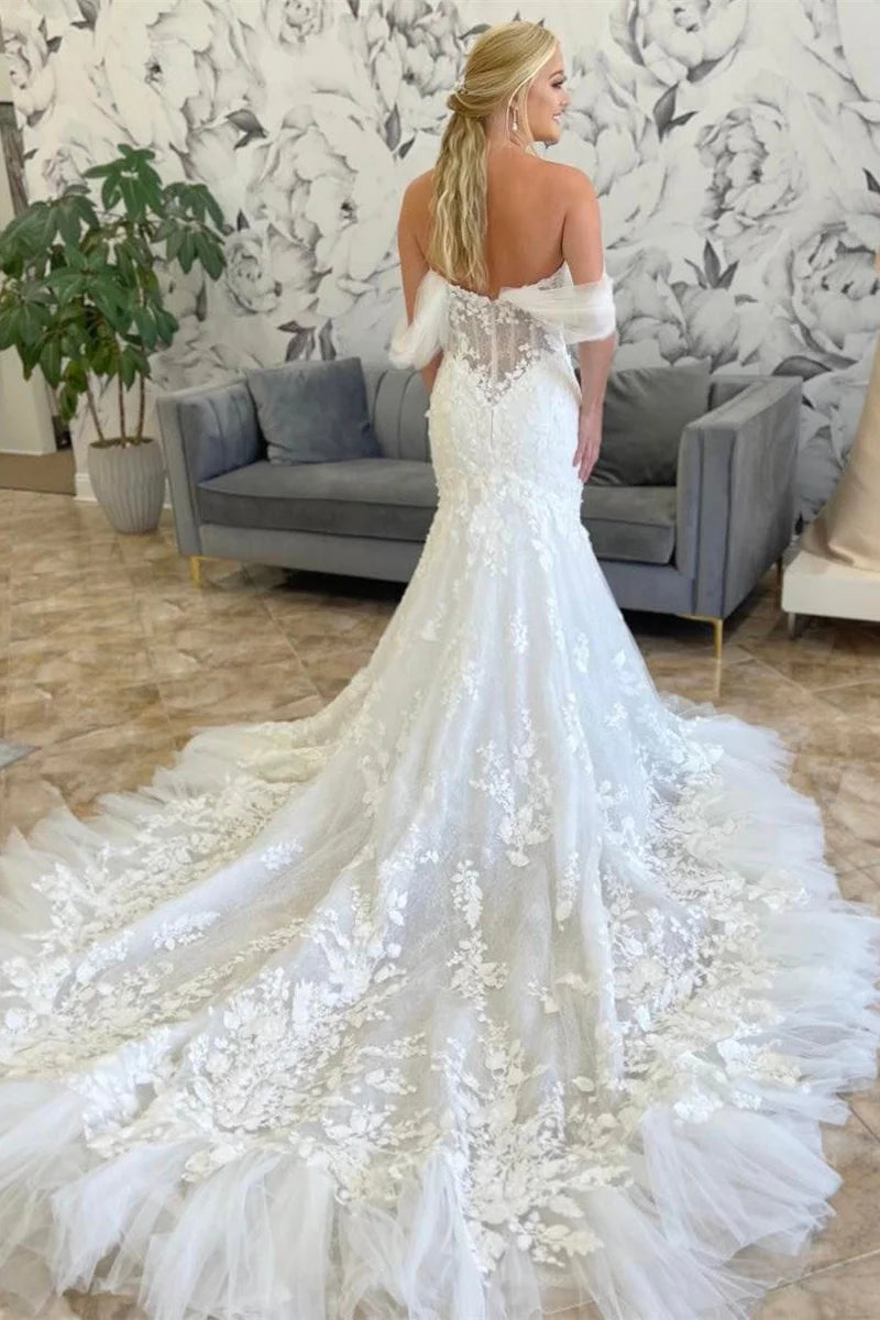 Mermaid Off-the-Shoulder Tulle Appliques Long Wedding Dress