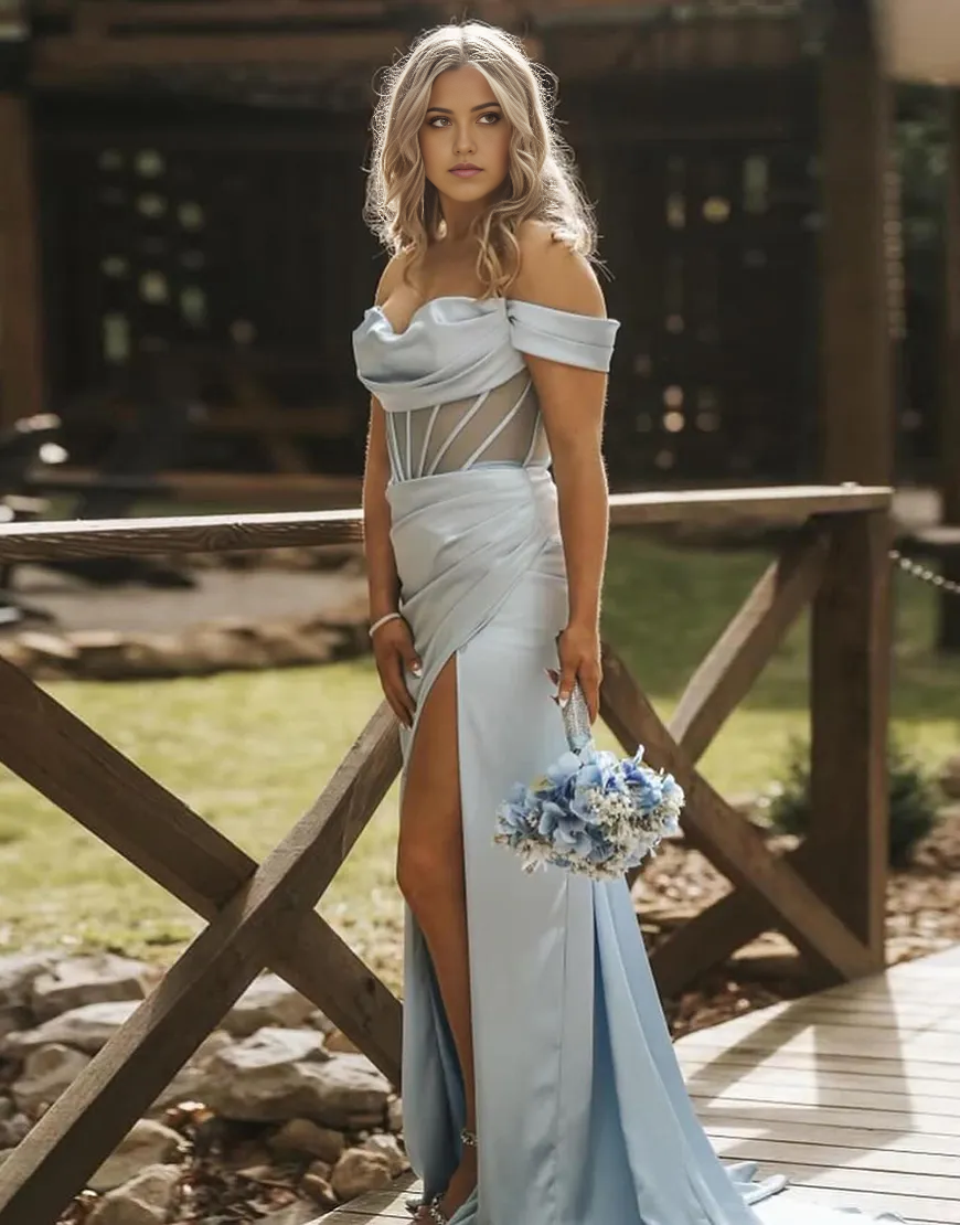 Mermaid Off the Shoulder Corset Ruched Satin Long formal dresses Bridesmaid Dresses evening gown Prom Dress with Slit