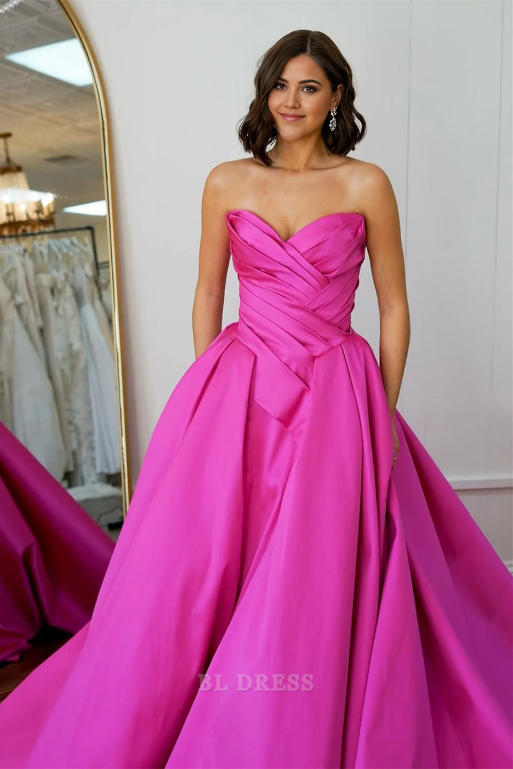A-Line Strapless Elegant Pink Long Court Train Satin formal dresses Bridesmaid Dresses evening gown Prom Dress
