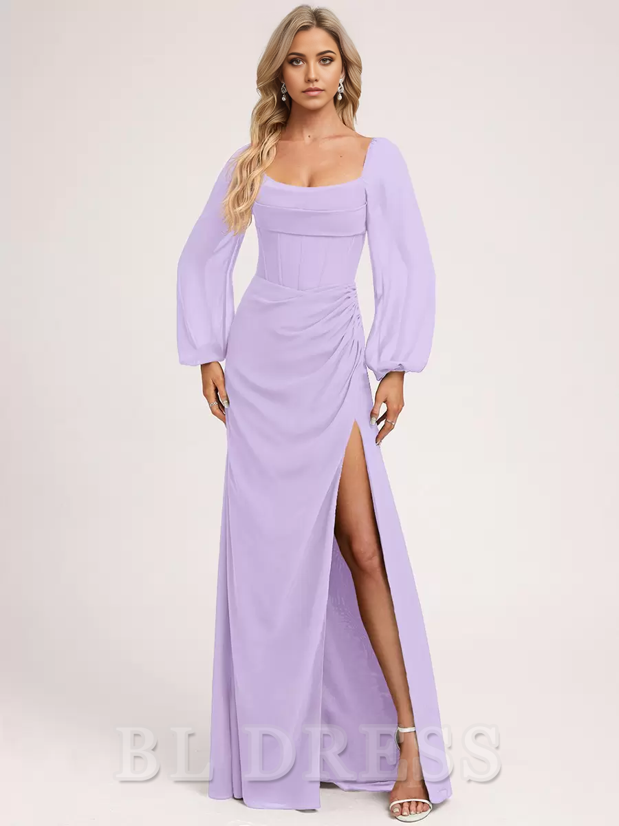 A-line Long Sleeve Chiffon Ball Gown Floor-Length formal dresses evening gown Prom Dress