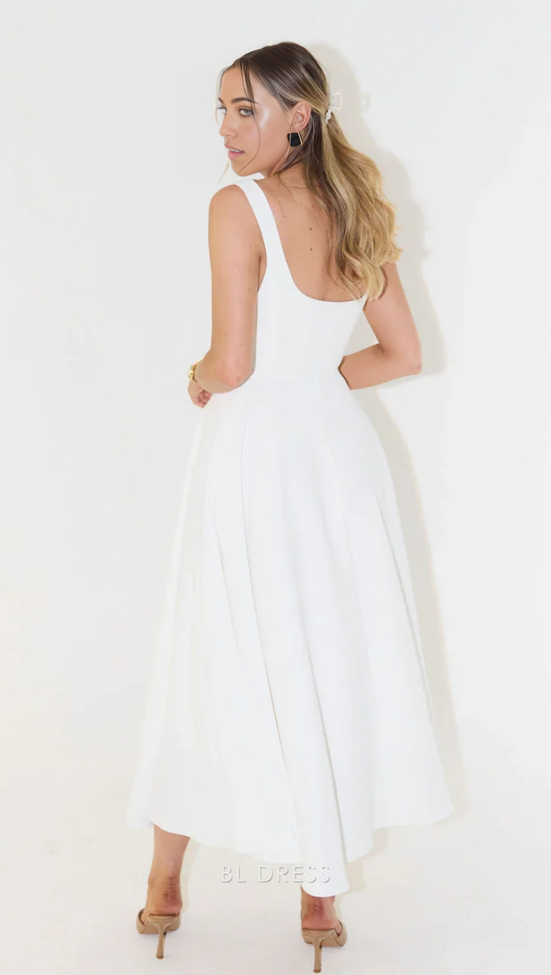 A Line Elegant Square Neck Ankle Length White formal dresses Bridesmaid Dresses evening gown Prom Dress