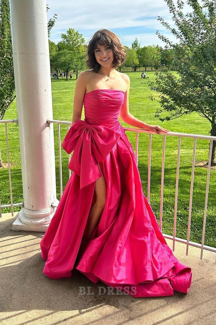 A-line Strapless Satin Tiered Hot Pink Long formal dresses Bridesmaid Dresses evening gown Prom Dress