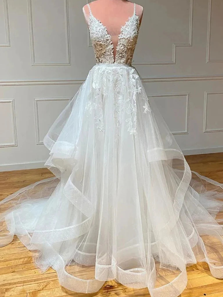 A Line V Neck Lace Long Wedding Dresses
