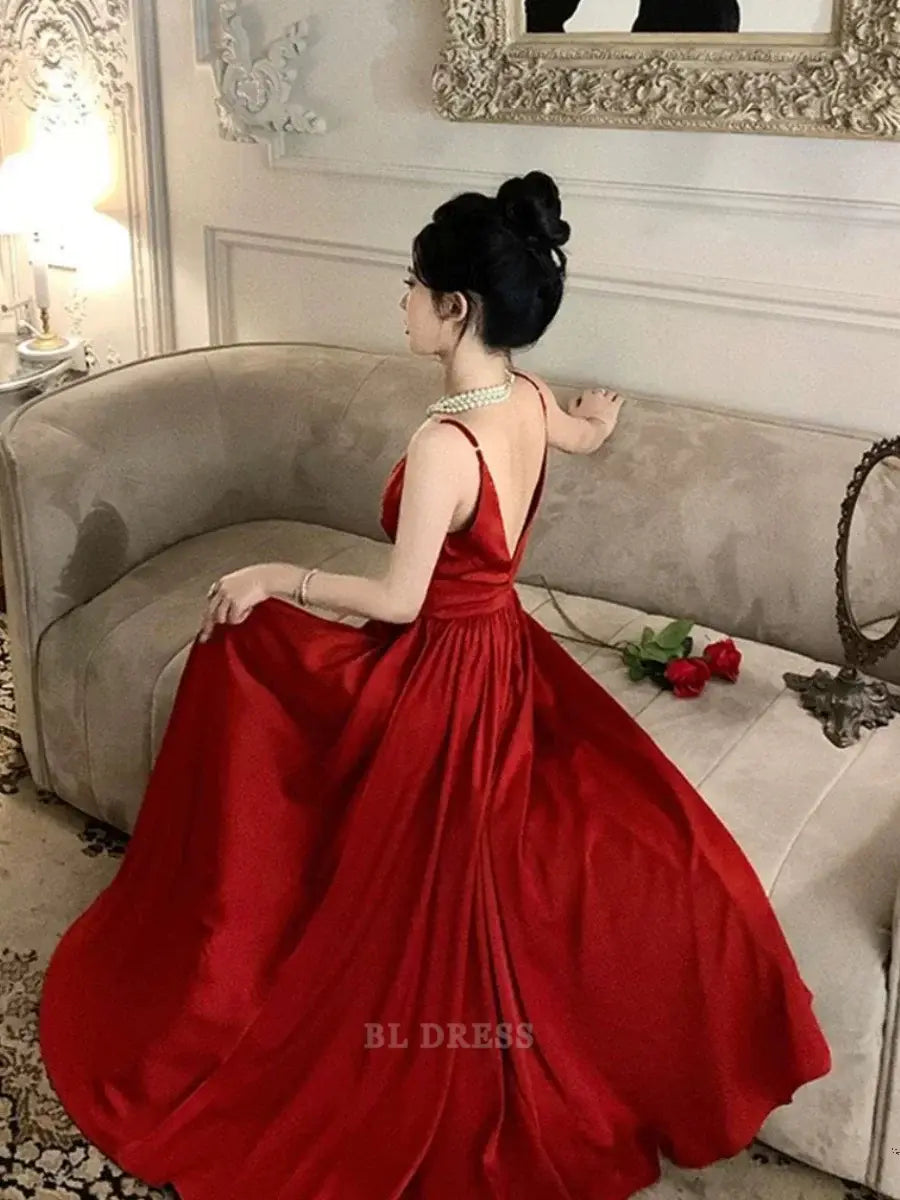 A Line Spaghetti Straps Red Ankle Length formal dresses Bridesmaid Dresses evening gown Prom Dress