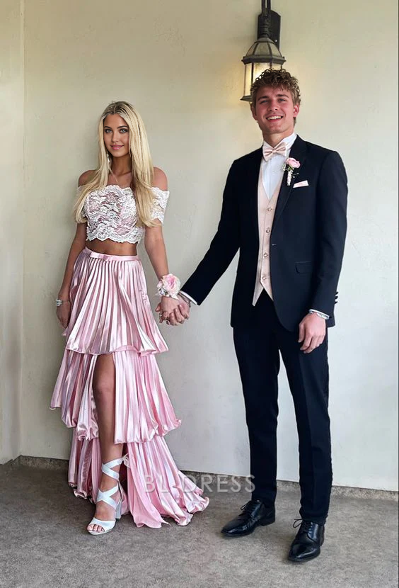 Two Piece A-line Pink Pleated formal dresses Bridesmaid Dresses evening gown Prom Dress With Split