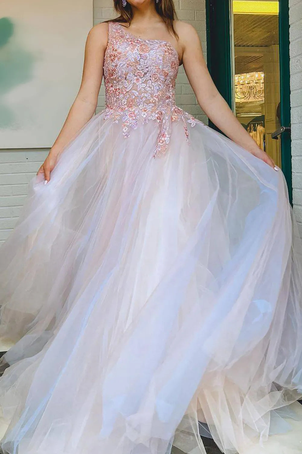 A Line One Shoulder Long Prom Dress with Appliques