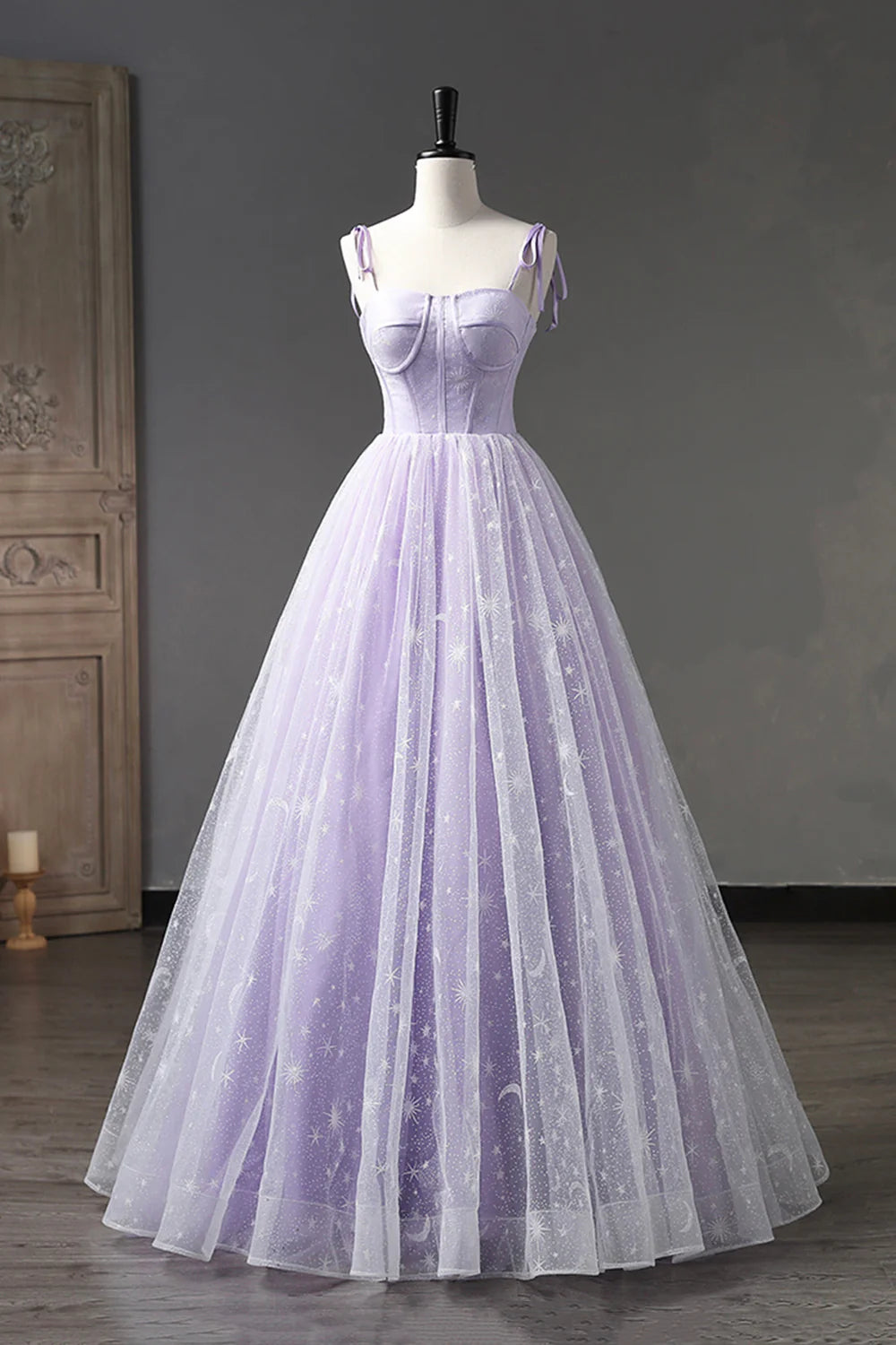 A-Line Tulle Straps Floor Length Evening Dress
