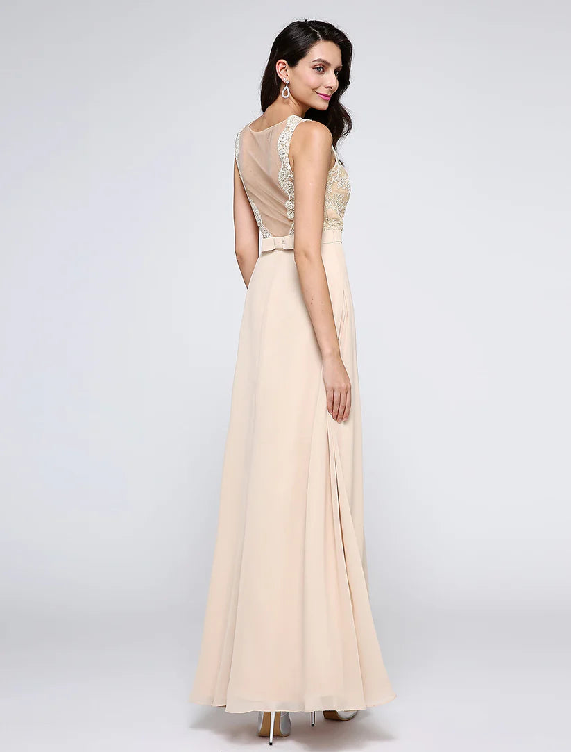 Etuikleid / Säulenkleid mit schönem Rücken, für Feiertage, Cocktailpartys, knöchellang, ärmellos, Rundhalsausschnitt, Chiffon mit Spitze