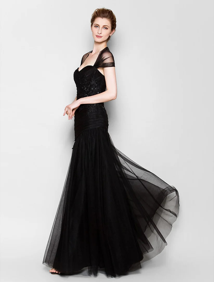 Mother of the Bride Dress Queen Anne Floor Length Tulle Short Sleeve No with Criss Cross Appliques