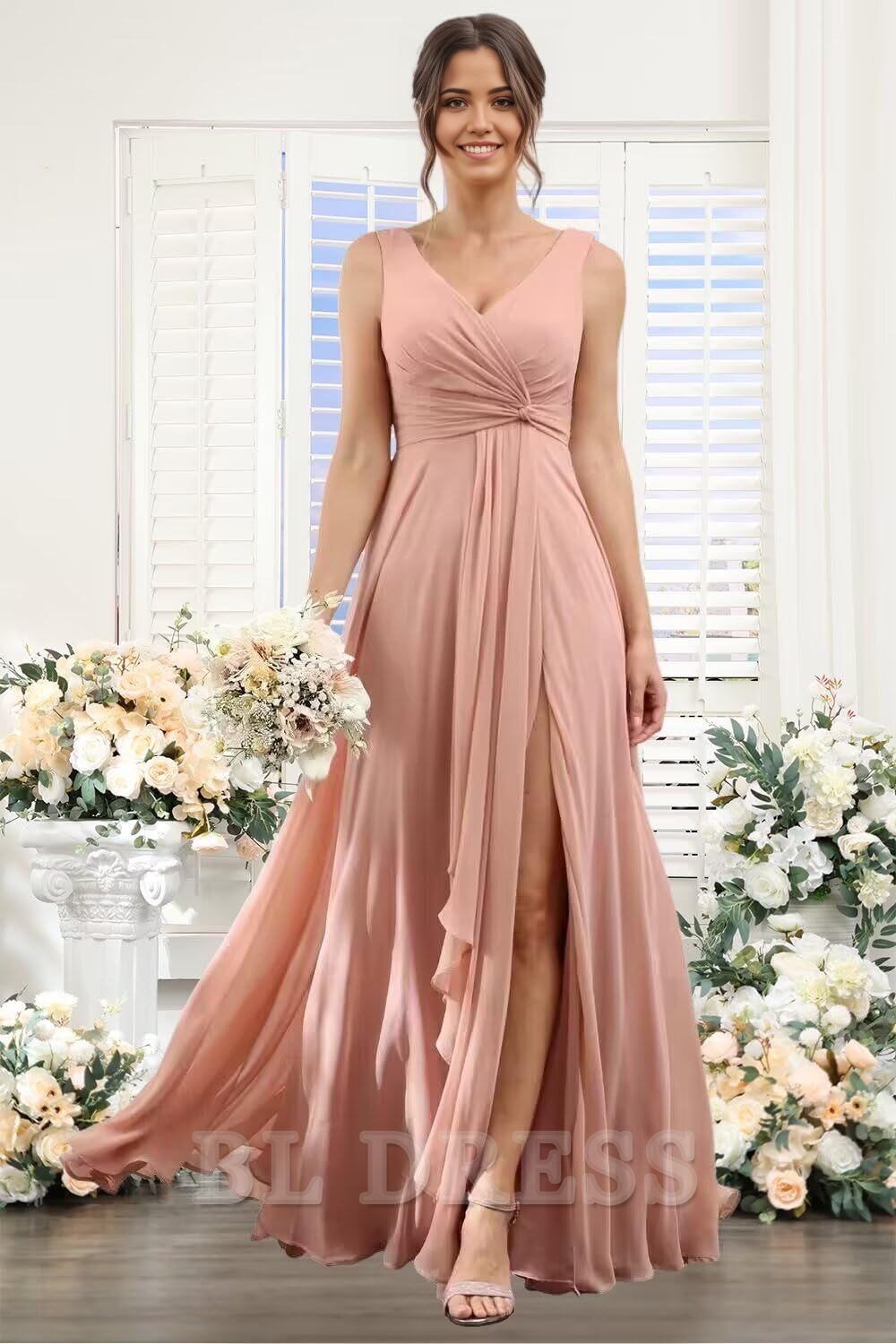 A-Linie V-Ausschnitt Rüschen Lange Chiffon Abendkleider Brautjungfernkleider Abendkleid Ballkleid mit Schlitz 