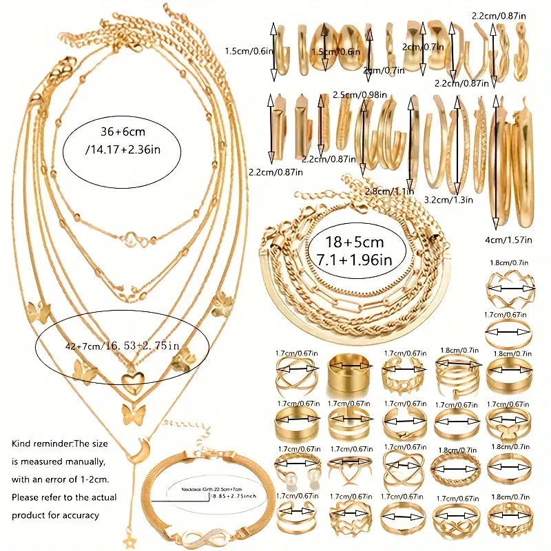 57-Piece Golden Jewelry Set - Luxurious Necklaces, Rings, Earrings & Bracelets - Elegant & Delicate Design - Perfect Gift for Her