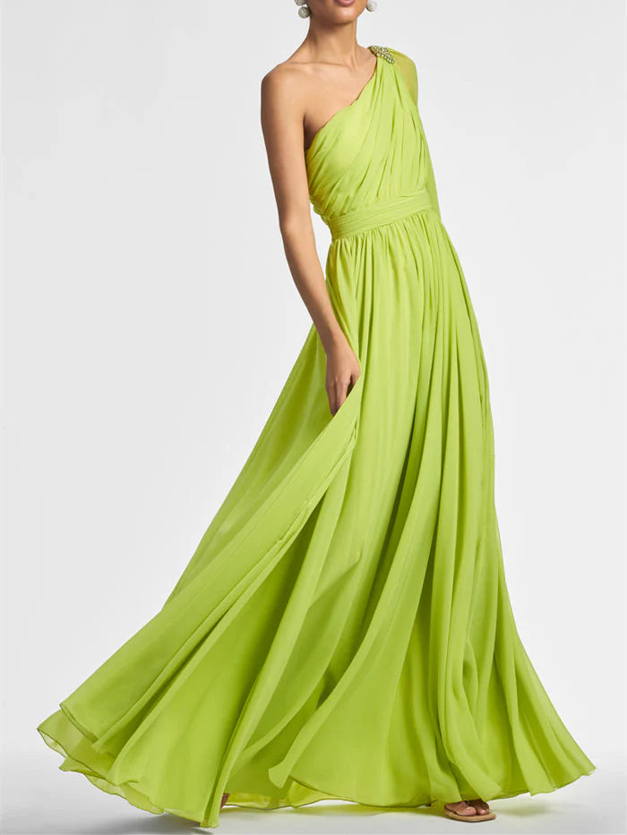 A Line One Shoulder Floor Length Evening Dress
